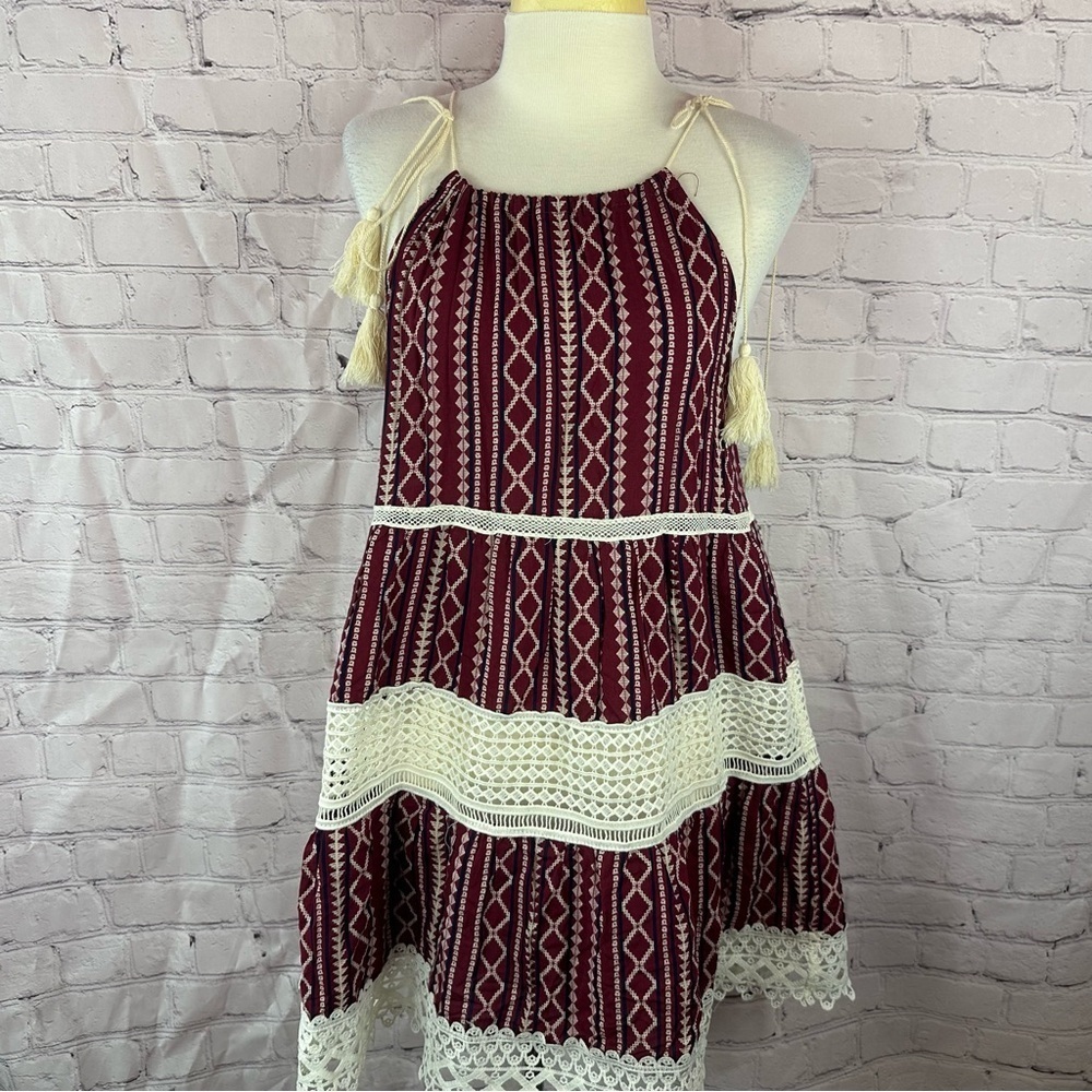 Umgee boutique boho western Burgundy cream mini Dress embroidered sz M